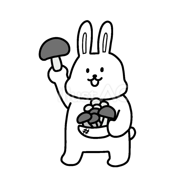 きのことかわいいウサギさん（白黒1） うさぎ,きのこ,動物のイラスト素材