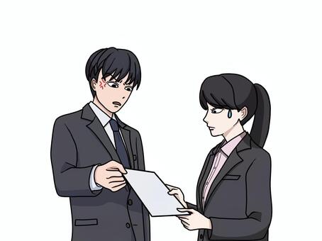 同僚に怒られながら書類をもらうスーツ女性 書類,仕事,ミス,怒られる,焦る,困る,注意,スーツ,女性,男性のイラスト素材