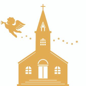 天使と協会_シルエット クリスマス,アイコン,モチーフ,協会,チャーチ,天使,エンジェル,飛ぶ,ラッパ,吹くのイラスト素材