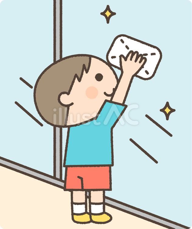 窓拭きをする男の子 人物,窓拭き,掃除のイラスト素材