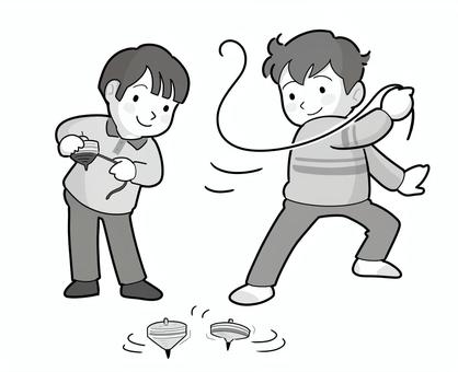 子どもの遊び　こま回し　黒単色 子ども,遊び,こま,回す,紐,飛ばす,単色,男の子,楽しむのイラスト素材