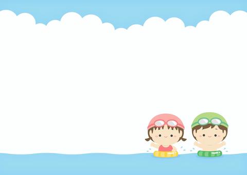 海で泳ぐ夏休みの子ども、夏の背景イラスト 夏,海,波,背景,フレーム,プール,夏休み,小学生,子ども,泳ぐのイラスト素材
