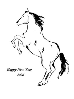 年賀状素材　立ちが上がる馬 年賀状,馬,2026年,令和8年,動物,立ち上がる,白黒,シンプル,ハッピーニューイヤー,横書きのイラスト素材