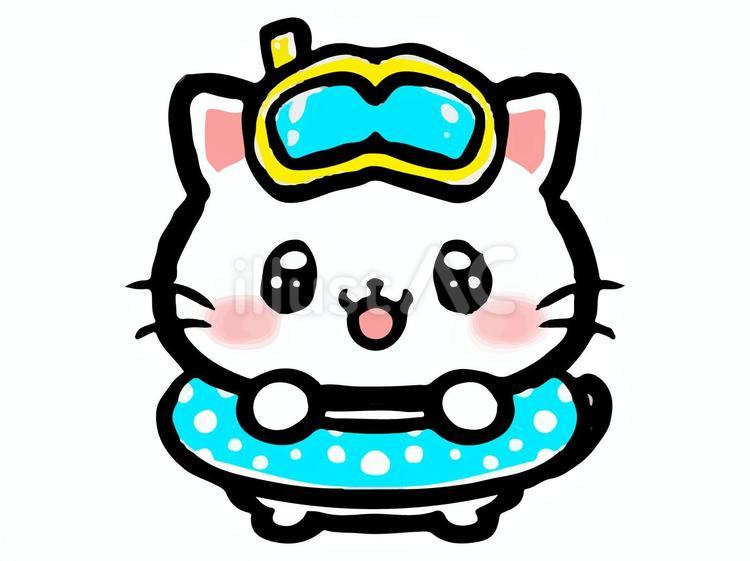 浮き輪と白猫の落書き風イラスト素材 猫,白猫,浮き輪のイラスト素材