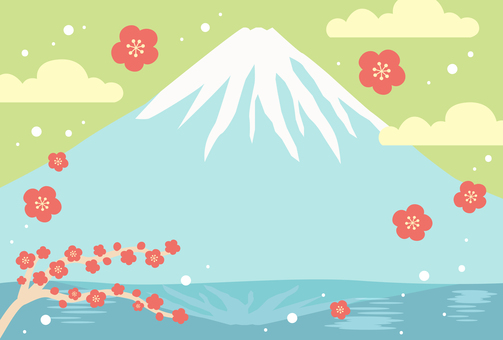 正月・年賀状背景 富士山と梅の花 黄緑色 正月,お正月,背景,年賀状,富士山,梅,花,年賀状素材,年賀はがき,和風のイラスト素材