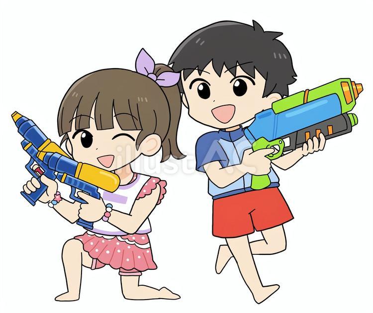 水鉄砲を構える水着姿の子どもたち 水鉄砲,水遊び,子どものイラスト素材