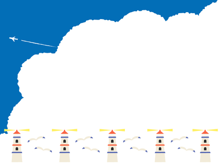 夏の空フレーム　1　入道雲・灯台・カモメ 夏,夏休み,フレーム,入道雲,飛行機雲,カモメ,灯台,施設,手書き,目印のイラスト素材