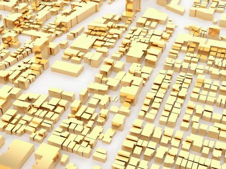 街3_立体_黄金 ゴールド,３d,パース,ビル,建物,都会,都市,街,高層,道路のイラスト素材