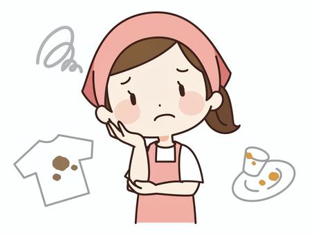 溜まった家事が嫌な女性 洗い物,家事,洗濯,汚れ,嫌,困る,バンダナ,エプロン,頭巾,女性のイラスト素材