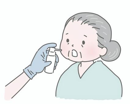 胃カメラ検査で麻酔スプレーをする高齢女性 胃カメラ,内視鏡検査,麻酔,口腔内,医療処置,診察,病院,医療,健康診断,健診のイラスト素材