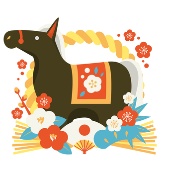 zodiac26117 馬,午年,しめ飾り,梅,扇子,椿,松,年賀状,花,和風のイラスト素材