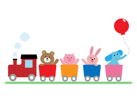 電車のイラスト素材 くま,豚,うさぎ,ぞう,風船,電車,かわいい,イラスト,素材のイラスト素材