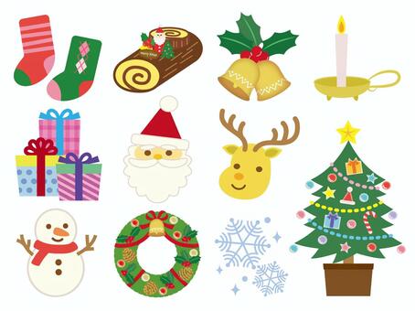 クリスマスのイラストセット クリスマス,カット,ワンポイント,サンタクロース,トナカイ,クリスマスツリー,モミの木,クリスマスリース,プレゼント,雪だるまのイラスト素材