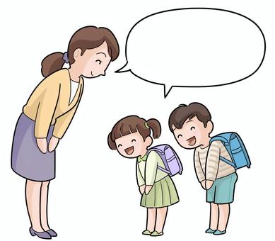 小学生のご挨拶 挨拶,小学生,ふきだし,先生,大人,子ども,おじぎ,おはよう,こんにちは,ごきげんようのイラスト素材