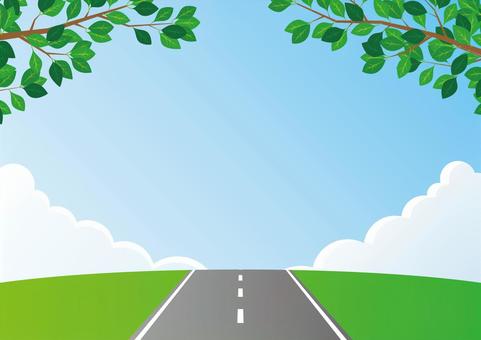どこまで続く道と木の葉の背景素材 どこまで続く道と木の葉の背景素材 道路,青空,雲,葉,枝,風景,背景のイラスト素材