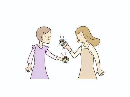 女性ファン同士で缶バッジの交換 缶バッジ,グッズ交換,推し活,ファン交流,オタ活,アイドルグッズ,キャラクターグッズ,イベント,ライブ会場,コミュニケーションのイラスト素材