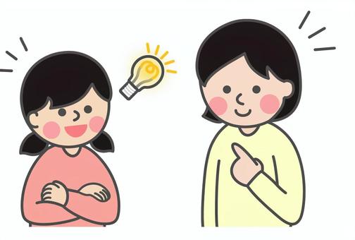閃く女の子と向き合う女性 女の子,考える,閃く,思いつく,納得,アイディア,気づき,理解,発見,すっきりのイラスト素材