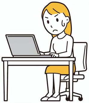  ロングヘア女性(黄)-153-全身 パソコン,真剣,女性,女の子,人物,かわいい,一生懸命,考える,デスク,机のイラスト素材