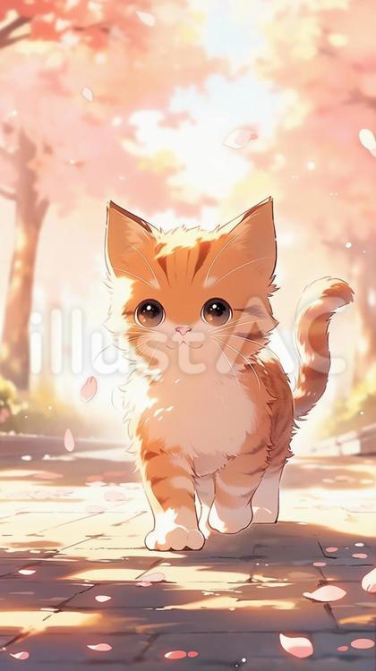 桜並木道とネコα3 動物,ネコ,植物のイラスト素材