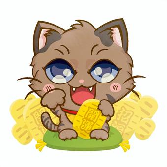 きじとら柄の招き猫 猫,デフォルメ,小判,座布団,開運のイラスト素材