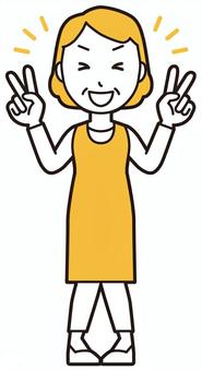  エプロンおばちゃん(黄)-215-全身 ピース,おばちゃん,エプロン,お母さん,ママ,中年,おばさん,主婦,人物,かわいいのイラスト素材