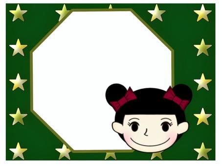 女の子のフレ−ム 女の子,フレ−ム,罫線なし,八角形,お団子ヘアー,リボン,赤,金色,深緑のイラスト素材