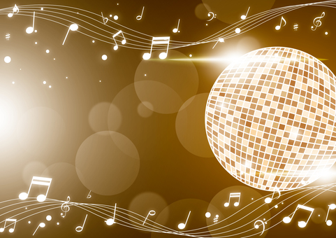 ゴージャスなミラーボールと音符の背景素材 音楽,音符,記号,楽譜,ミラーボール,光,フレア,玉ボケ,ゴールド,背景のイラスト素材