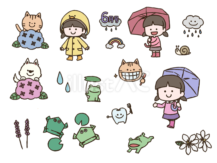 ６月のおたよりに使えるセット(太線版) 紫陽花,ネコ,ヒヨコのイラスト素材