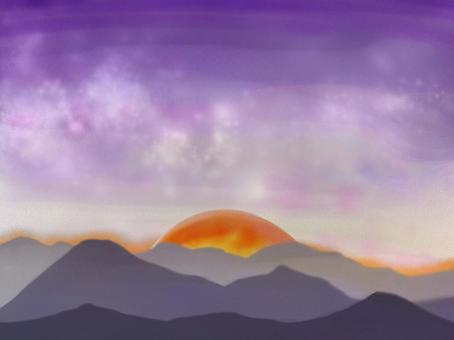 朝日の手描き無料イラスト 朝日,太陽,夜明け,山脈,あさぼらけ,風景,手描き,無料,イラストのイラスト素材