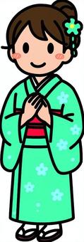 青緑のお正月の女性です。 お正月,シンプル,和装,和服,成人式,卒業式,コスチューム,正装,日本,男性のイラスト素材