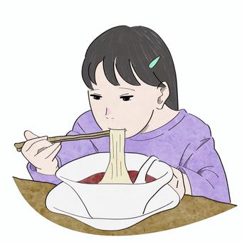 ラーメンを食べる女の子 ラーメン,女性,小学生,1人,食事のイラスト素材