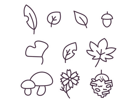 おたよりに使える秋の自然セット 紅葉,いちょう,みのむし,きのこ,コスモス,どんぐり,落ち葉,自然,植物,秋のイラスト素材