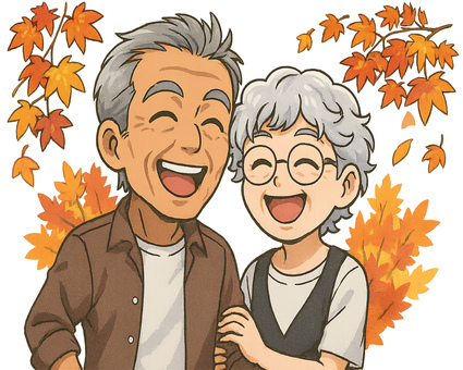 紅葉の前で寄り添うシニア