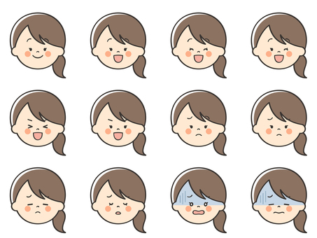女性のいろいろな表情アイコン03 女性,女,笑顔,嬉しい,楽しい,喜び,楽しみ,ワクワク,困る,不安のイラスト素材