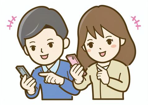 スマホを見て喜ぶ夫婦_25 スマホを見て喜ぶ夫婦_25 女性,男性,人物,人,スマホ,スマートフォン,ケータイ,見る,見て,笑顔のイラスト素材