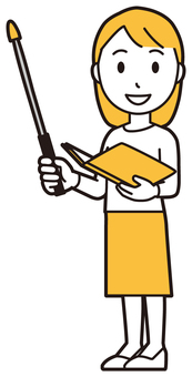  ロングヘア女性(黄)-179-全身 ポインター,女性,女の子,人物,かわいい,ポイント,説明,勉強会,プレゼンテーション,講義のイラスト素材