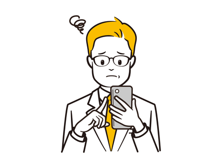 スマホ操作に困惑する男性医者 医者,病院,クリニック,医療,白衣,ドクター,研究者,研究員,内科,外科のイラスト素材