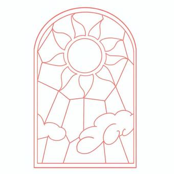 ステンドグラス太陽　赤 ステンドグラス,枠,窓,線画,太陽,天体,光,雲,赤,暖色のイラスト素材