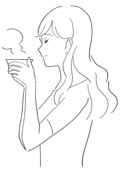 紅茶を飲む女性の白黒イラスト 紅茶,お茶,飲む,ホットティー,女性,リラックス,休憩,上半身,笑顔,美容のイラスト素材