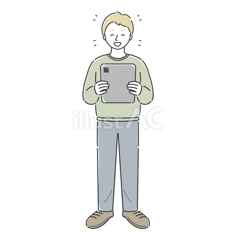 笑顔でタブレットを見る白人の男性 男性,人物,若いのイラスト素材