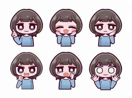ショートヘア女の子表情ポーズ6種 デフォルメ,手書き,少女,女,女性,表情,かわいい,ポーズ,ポーズ集,仕草のイラスト素材