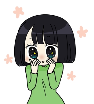 喜ぶボブヘアーの女性 人物,喜ぶ,歓喜,花柄,赤面,嬉しい,感動,黒髪,笑顔,ボブヘアーのイラスト素材