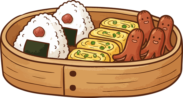 お弁当 曲げわっぱ,お弁当,行楽,手作り,和食,梅干し,卵焼き,ウインナー,ベクター,イラストのイラスト素材