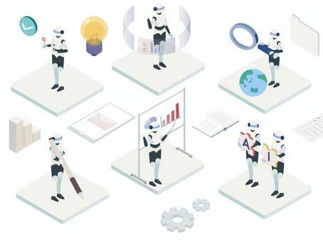AIロボットのアイソメイラスト アイソメ,ai,人工知能,ロボット,テクノロジー,データ,グラフ,システム,虫眼鏡,地球のイラスト素材