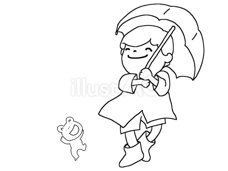 傘をさす男の子の笑顔とカエル 雨の日,傘,レインコートのイラスト素材