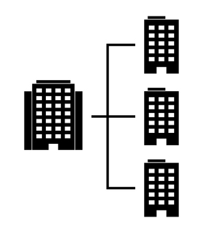 オフィスビルの組織図 会社,親会社,子会社,系列,下請け,ビル,アイコン,オフィス,グループ,組織のイラスト素材