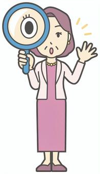  お金持ちマダム-169-全身 虫眼鏡,おばさん,中年,女性,富裕層,マダム,裕福,お金持ち,ミセス,おばちゃんのイラスト素材