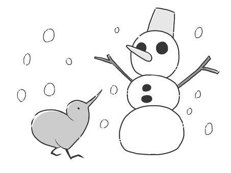 雪だるまとキウイ（モノクロ） キウイ,鳥,手描き,モノクロ,シンプル,ニュージーランド,かわいい,飛べない鳥,雪だるま,冬のイラスト素材