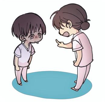 先輩看護師に怒られる新人看護師 医療,看護師,怒られる,先輩,後輩,人物のイラスト素材