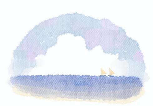 水彩画風風景　夏 風景,海,夏,鳥,水彩風,文字スペース,背景,ファンタジー,シンプル,雲のイラスト素材